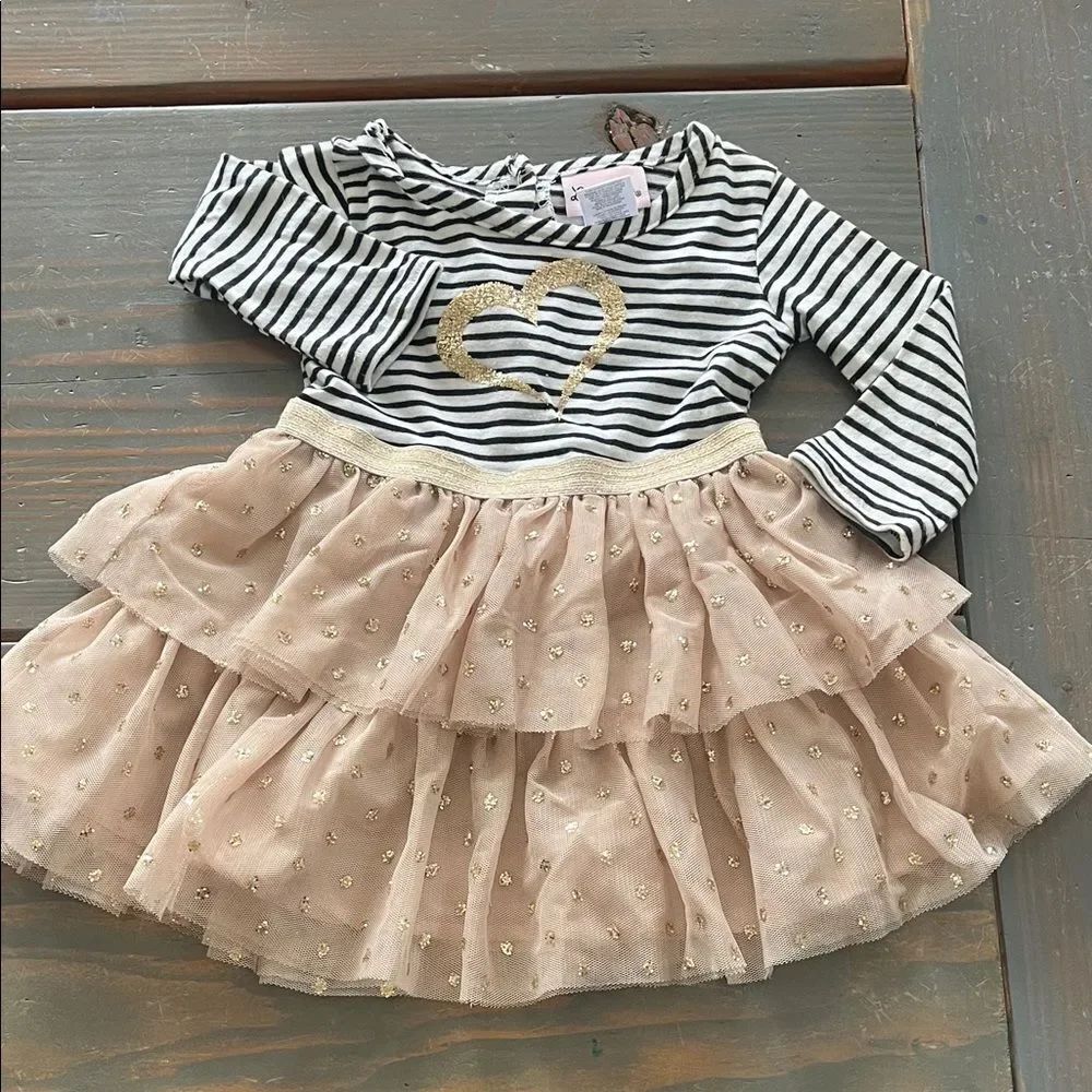 Little Lass Black & White Striped Top with Gold Heart and Blush Gold Tulle Skirt